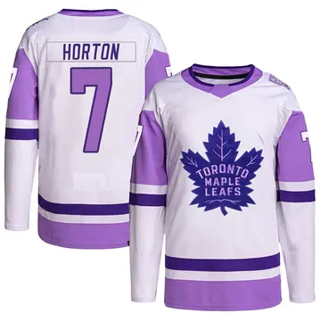 Youth Tim Horton Toronto Maple Leafs ＃7 Authentic White/Purple Hockey Fights Cancer Primegreen Jersey